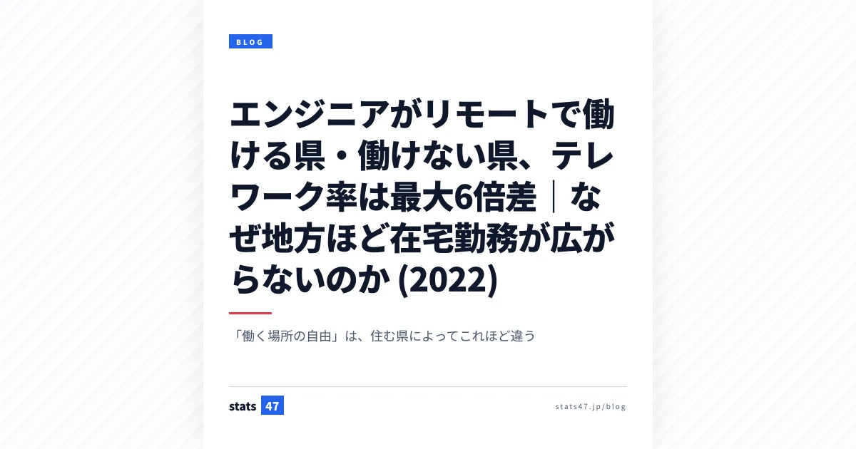 エンジニアがリモートで働ける県・働けない県、テレワーク率は最大6倍差｜なぜ地方ほど在宅勤務が広がらないのか (2022)