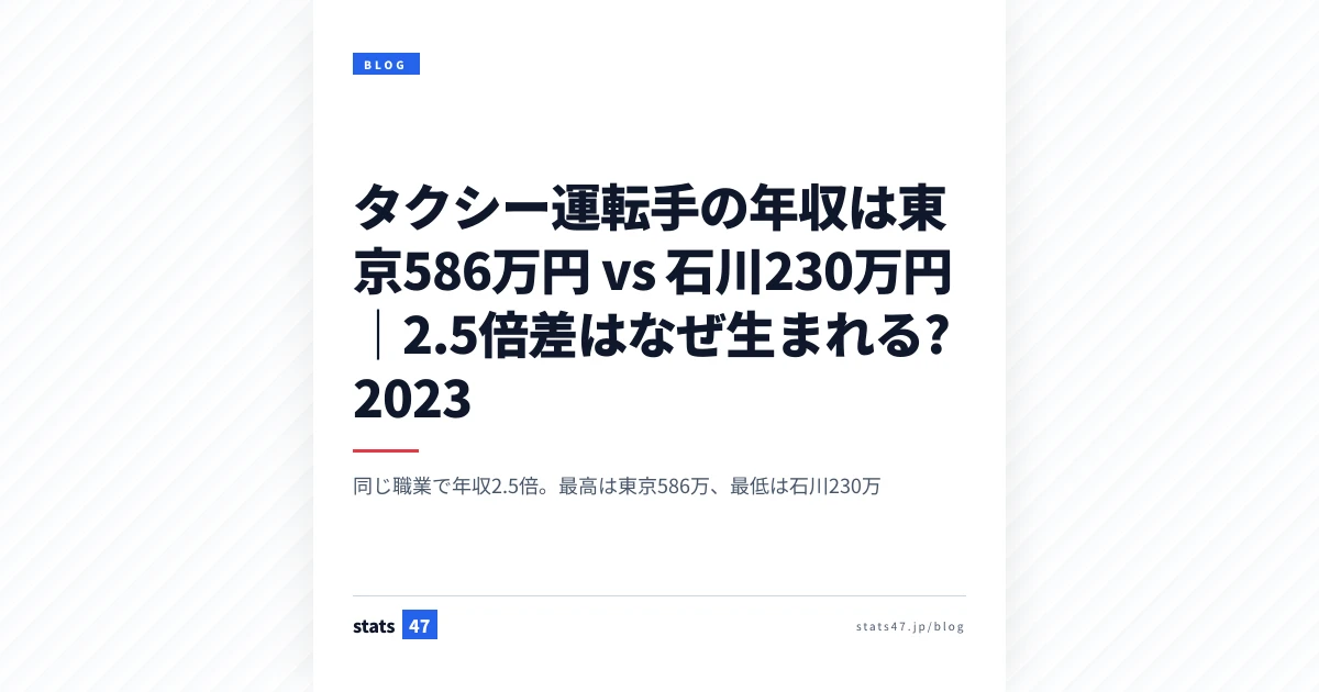 タクシー運転手の年収は東京586万円 vs 石川230万円｜2.5倍差はなぜ生まれる? 2023
