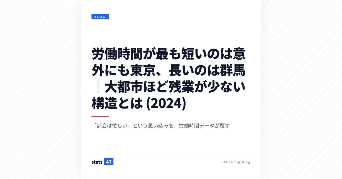 労働時間が最も短いのは意外にも東京、長いのは群馬｜大都市ほど残業が少ない構造とは (2024)